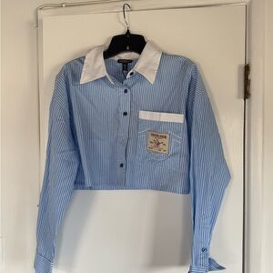 NWT True Religion Blue/White Striped Long Sleeve Cropped Button Down Shirt